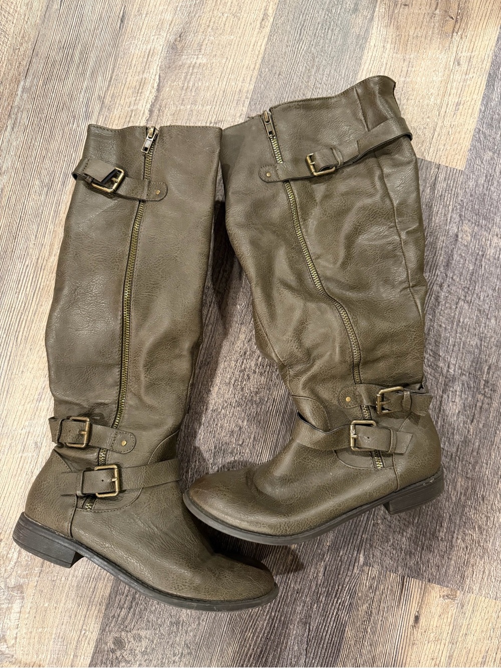 Olive Green Tall Buckle Moto Boots